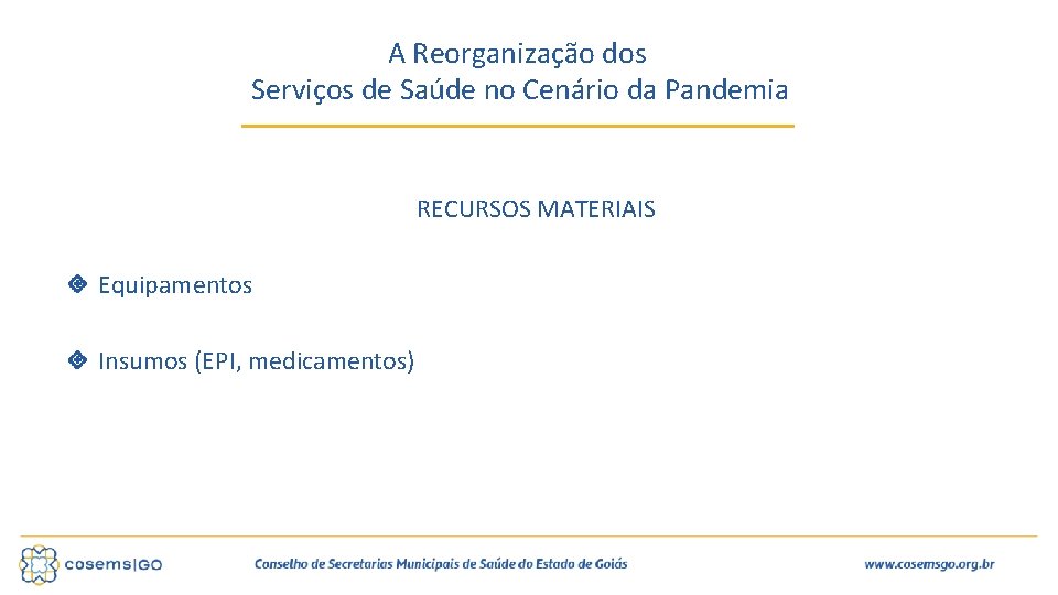A Reorganização dos Serviços de Saúde no Cenário da Pandemia RECURSOS MATERIAIS Equipamentos Insumos