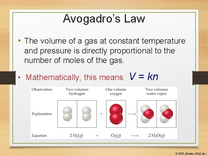 Avogadro’s Law • The volume of a gas at constant temperature and pressure is