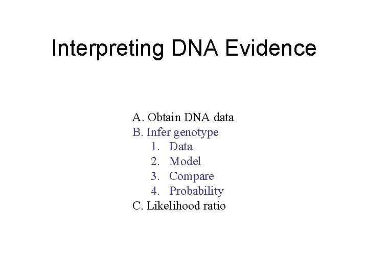 Interpreting DNA Evidence A. Obtain DNA data B. Infer genotype 1. Data 2. Model