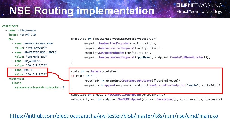 NSE Routing implementation https: //github. com/electrocucaracha/gw-tester/blob/master/k 8 s/nsm/nse/cmd/main. go NSE Routing implementation https: //github. com/electrocucaracha/gw-tester/blob/master/k 8 s/nsm/nse/cmd/main. go