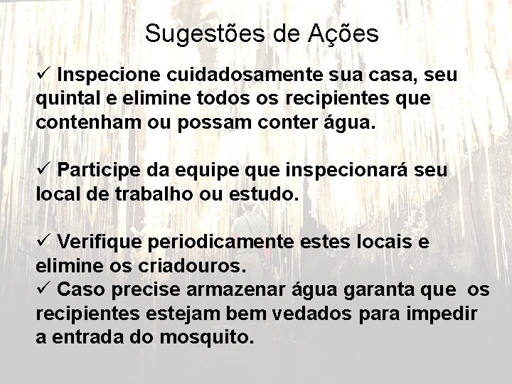 Sugestões de Ações ü Inspecione cuidadosamente sua casa, seu quintal e elimine todos os