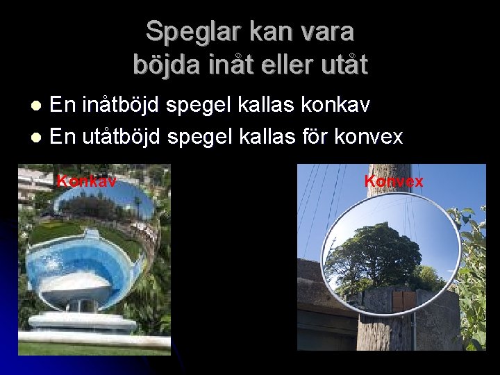 Speglar kan vara böjda inåt eller utåt En inåtböjd spegel kallas konkav l En