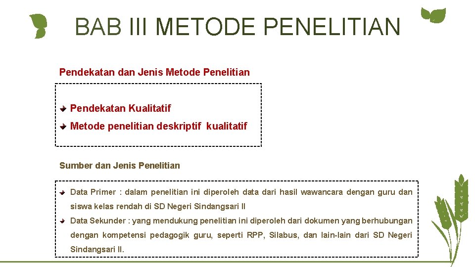 BAB III METODE PENELITIAN Pendekatan dan Jenis Metode Penelitian Pendekatan Kualitatif Metode penelitian deskriptif