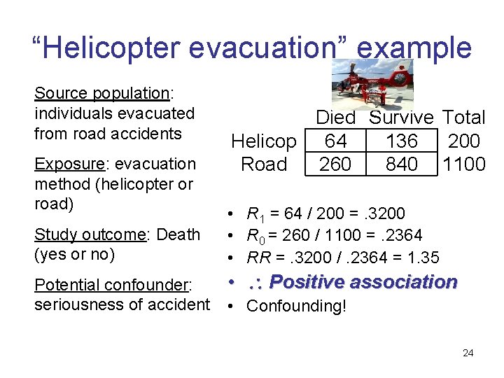 “Helicopter evacuation” example Source population: individuals evacuated from road accidents Exposure: evacuation method (helicopter