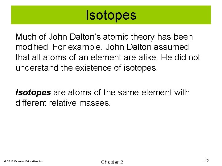 Isotopes Much of John Dalton’s atomic theory has been modified. For example, John Dalton