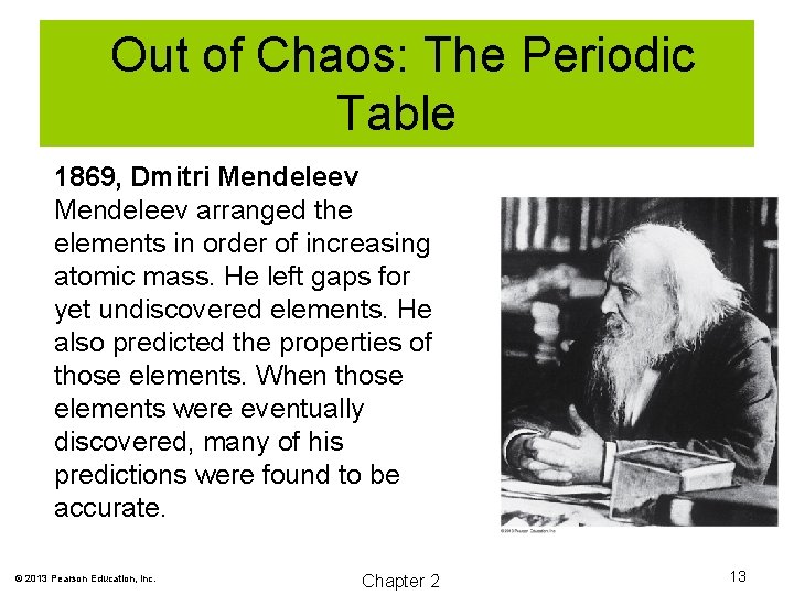 Out of Chaos: The Periodic Table 1869, Dmitri Mendeleev arranged the elements in order