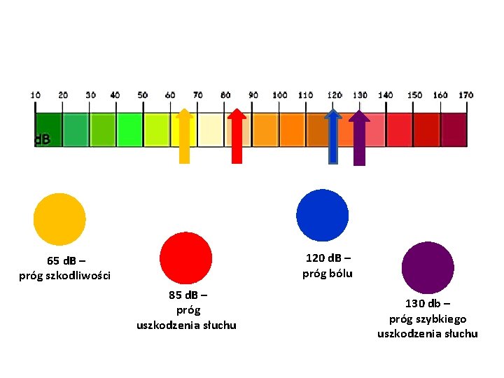 120 d. B – próg bólu 65 d. B – próg szkodliwości 85 d.