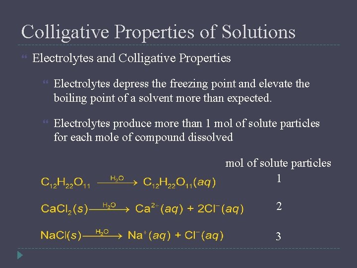 Colligative Properties of Solutions Electrolytes and Colligative Properties Electrolytes depress the freezing point and
