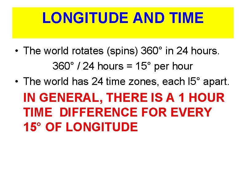 LONGITUDE AND TIME • The world rotates (spins) 360° in 24 hours. 360° /