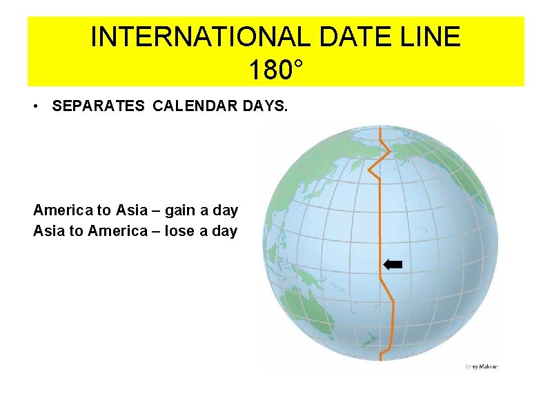 INTERNATIONAL DATE LINE 180° • SEPARATES CALENDAR DAYS. America to Asia – gain a