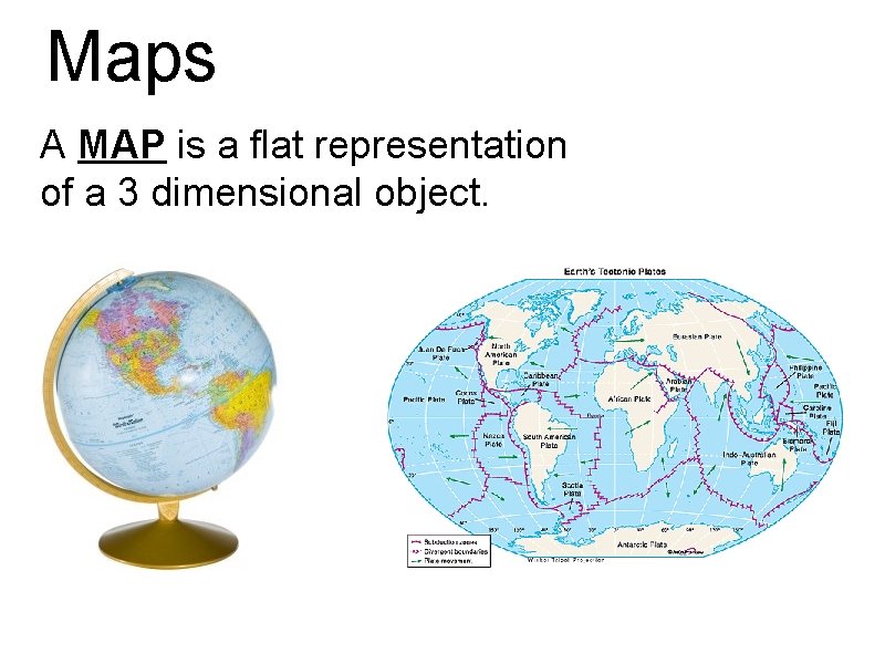 Maps A MAP is a flat representation of a 3 dimensional object. 