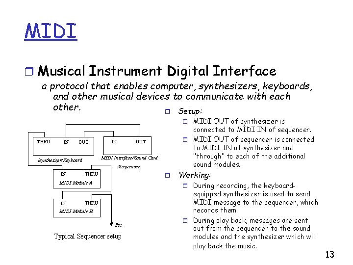 MIDI r Musical Instrument Digital Interface a protocol that enables computer, synthesizers, keyboards, and