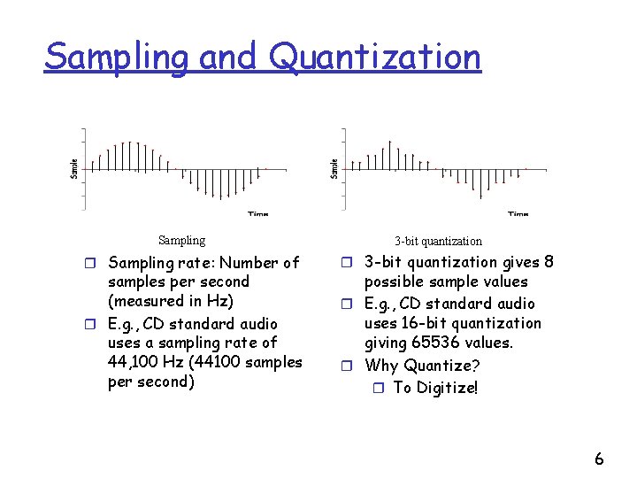 Sampling and Quantization Sampling rate: Number of samples per second (measured in Hz) r
