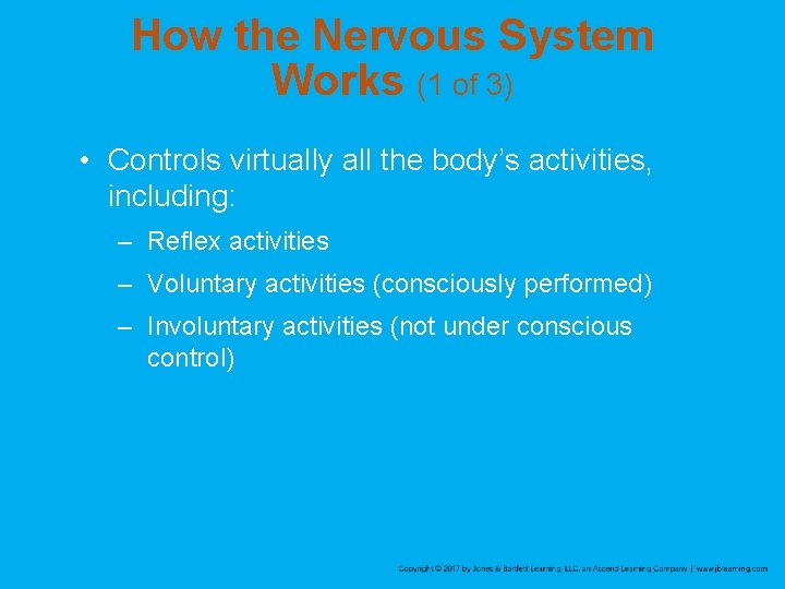 How the Nervous System Works (1 of 3) • Controls virtually all the body’s