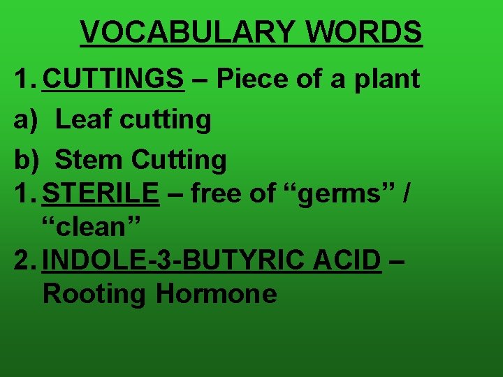 VOCABULARY WORDS 1. CUTTINGS – Piece of a plant a) Leaf cutting b) Stem