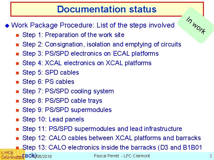 Documentation status u Work Package Procedure: List of the steps involved n n n