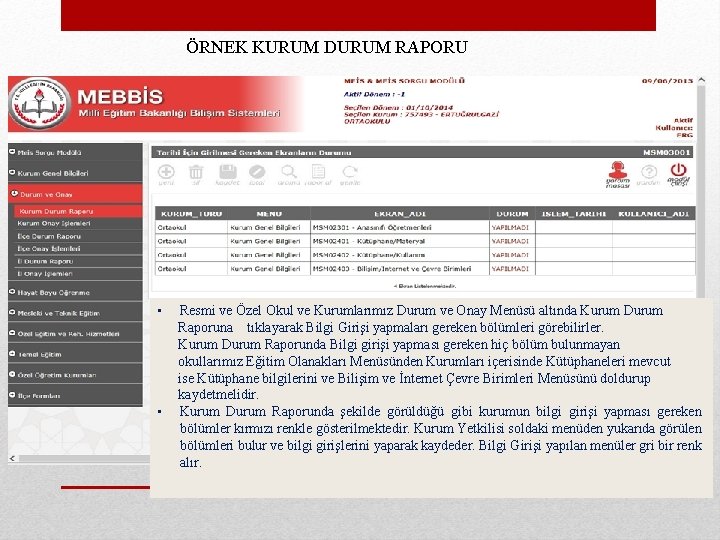 ÖRNEK KURUM DURUM RAPORU • • Resmi ve Özel Okul ve Kurumlarımız Durum ve