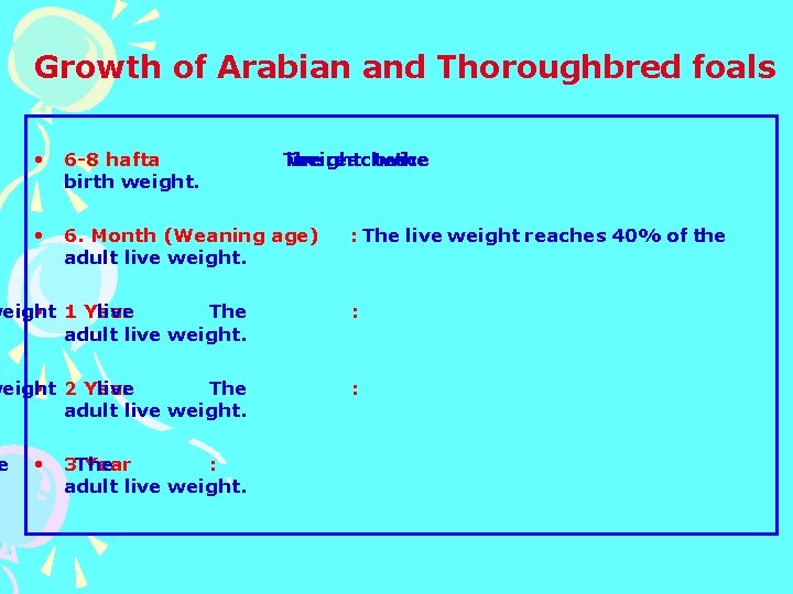 Growth of Arabian and Thoroughbred foals • 6 -8 hafta birth weight. The live
