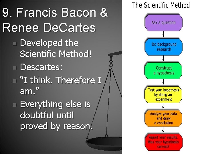 9. Francis Bacon & Renee De. Cartes n n Developed the Scientific Method! Descartes: