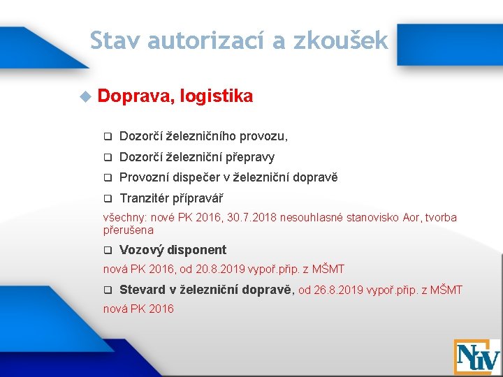 Stav autorizací a zkoušek Doprava, logistika q Dozorčí železničního provozu, q Dozorčí železniční přepravy