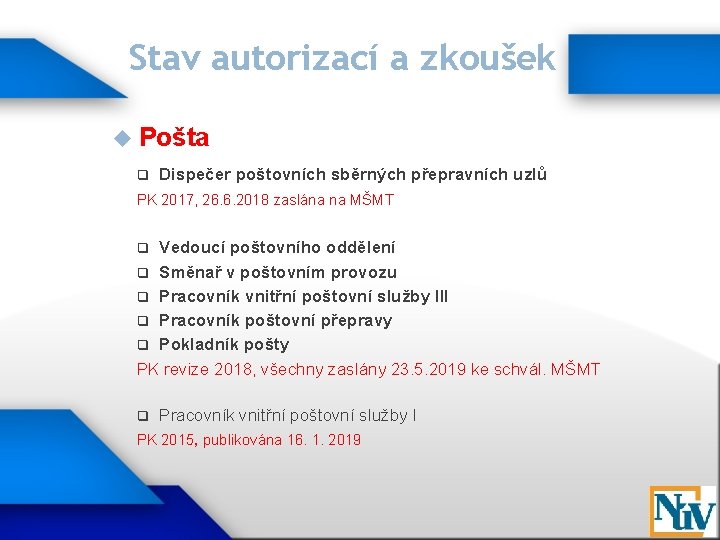Stav autorizací a zkoušek Pošta q Dispečer poštovních sběrných přepravních uzlů PK 2017, 26.