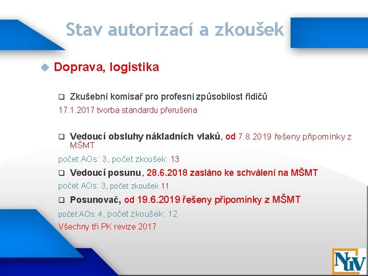 Stav autorizací a zkoušek Doprava, logistika q Zkušební komisař profesní způsobilost řidičů 17. 1.
