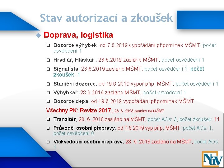 Stav autorizací a zkoušek Doprava, logistika q Dozorce výhybek, od 7. 8. 2019 vypořádání
