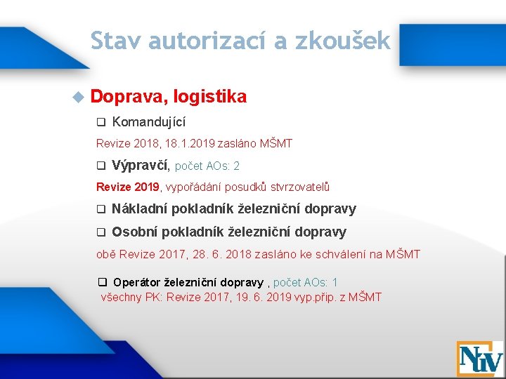 Stav autorizací a zkoušek Doprava, q logistika Komandující Revize 2018, 18. 1. 2019 zasláno