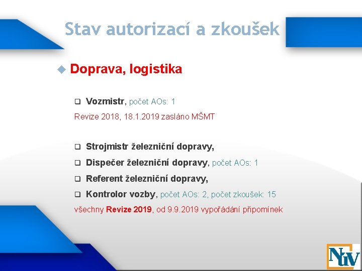 Stav autorizací a zkoušek Doprava, q logistika Vozmistr, počet AOs: 1 Revize 2018, 18.