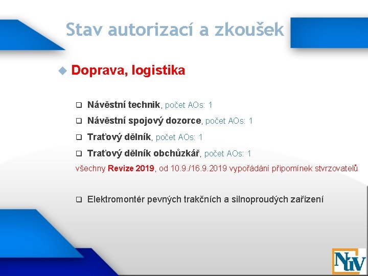 Stav autorizací a zkoušek Doprava, logistika q Návěstní technik, počet AOs: 1 q Návěstní