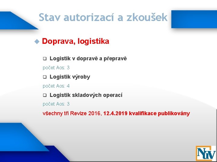 Stav autorizací a zkoušek Doprava, q logistika Logistik v dopravě a přepravě počet Aos: