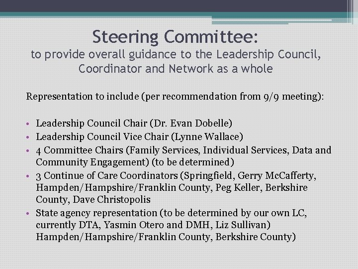 Steering Committee: to provide overall guidance to the Leadership Council, Coordinator and Network as