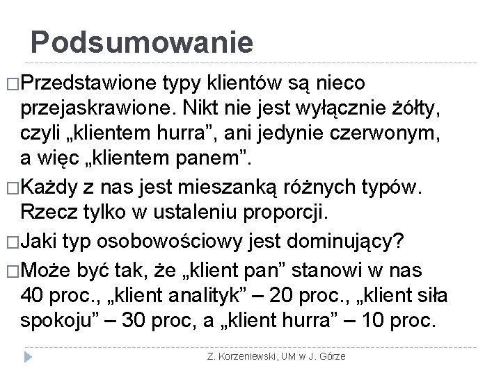 Podsumowanie �Przedstawione typy klientów są nieco przejaskrawione. Nikt nie jest wyłącznie żółty, czyli „klientem