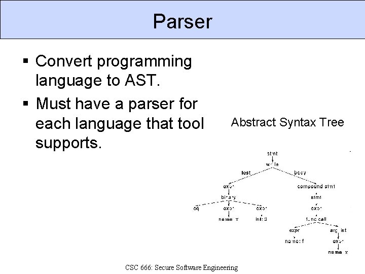 Parser § Convert programming language to AST. § Must have a parser for each