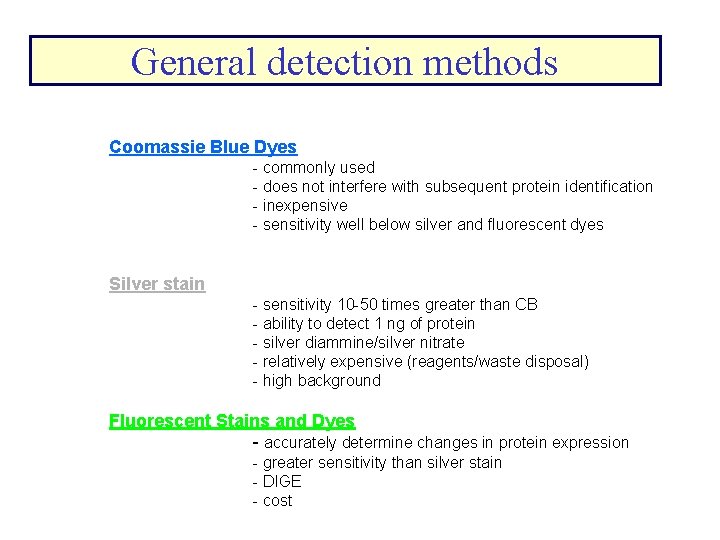 General detection methods Coomassie Blue Dyes - commonly used - does not interfere with