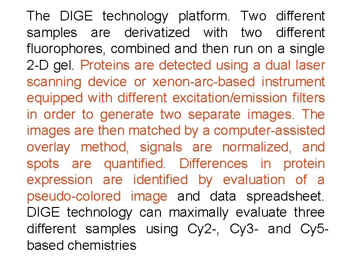 The DIGE technology platform. Two different samples are derivatized with two different fluorophores, combined