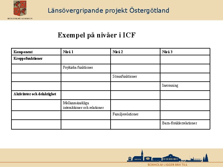 Länsövergripande projekt Östergötland Exempel på nivåer i ICF Komponent Nivå 1 Nivå 2 Nivå