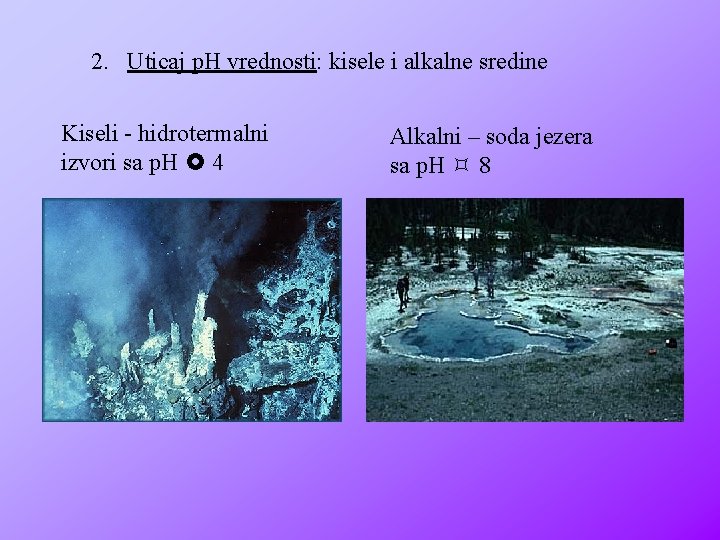 2. Uticaj p. H vrednosti: kisele i alkalne sredine Kiseli - hidrotermalni izvori sa
