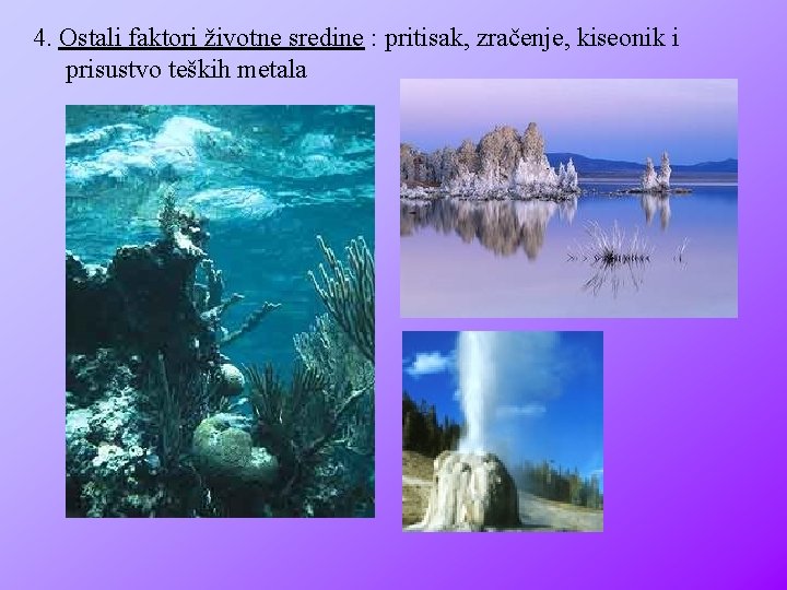 4. Ostali faktori životne sredine : pritisak, zračenje, kiseonik i prisustvo teških metala 