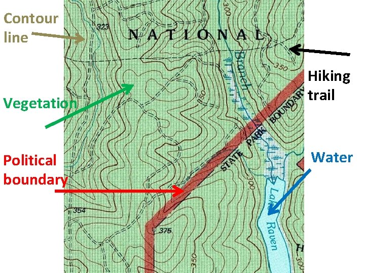 Contour line Vegetation Political boundary Hiking trail Water 