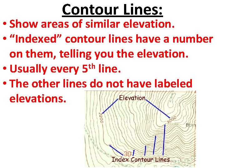 Contour Lines: • Show areas of similar elevation. • “Indexed” contour lines have a