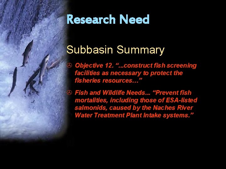 Research Need Subbasin Summary > Objective 12. “. . . construct fish screening facilities