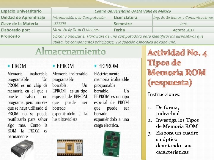 Actividad No. 4 Tipos de Memoria ROM (respuesta) Instrucciones: 1. De forma, Individual 2.