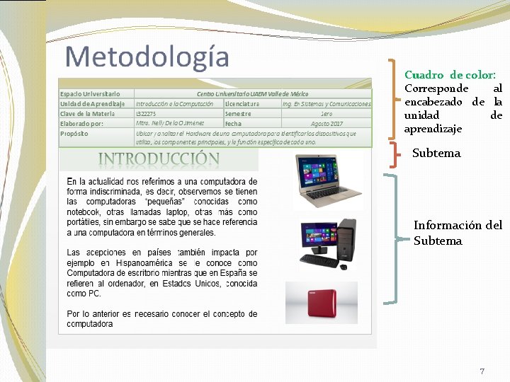 Cuadro de color: Corresponde al encabezado de la unidad de aprendizaje Subtema Información del