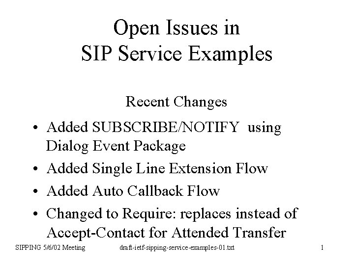 Open Issues in SIP Service Examples Recent Changes • Added SUBSCRIBE/NOTIFY using Dialog Event