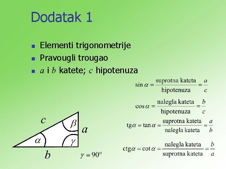 Dodatak 1 n n n Elementi trigonometrije Pravougli trougao a i b katete; c