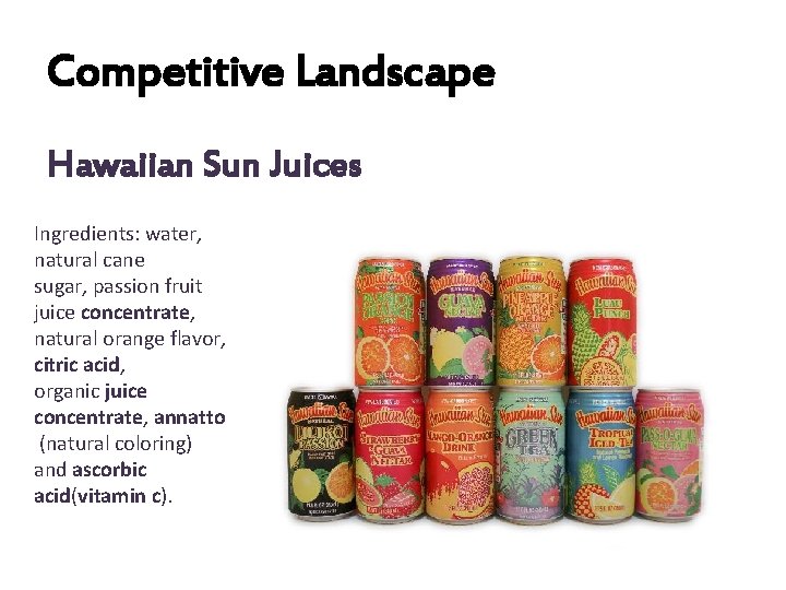 Competitive Landscape Hawaiian Sun Juices Ingredients: water, natural cane sugar, passion fruit juice concentrate,
