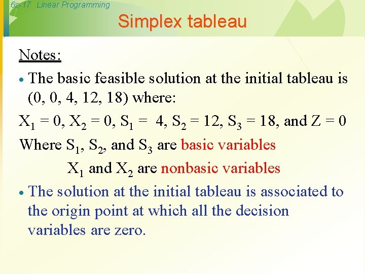 6 s-17 Linear Programming Simplex tableau Notes: · The basic feasible solution at the