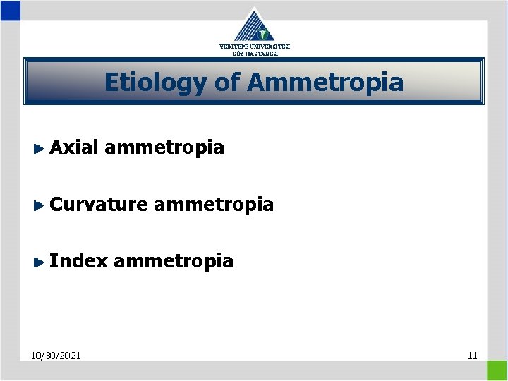 YEDİTEPE ÜNİVERSİTESİ GÖZ HASTANESİ Etiology of Ammetropia Axial ammetropia Curvature ammetropia Index ammetropia 10/30/2021