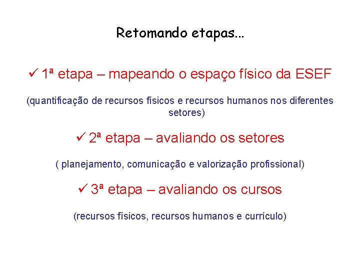 Retomando etapas. . . ü 1ª etapa – mapeando o espaço físico da ESEF